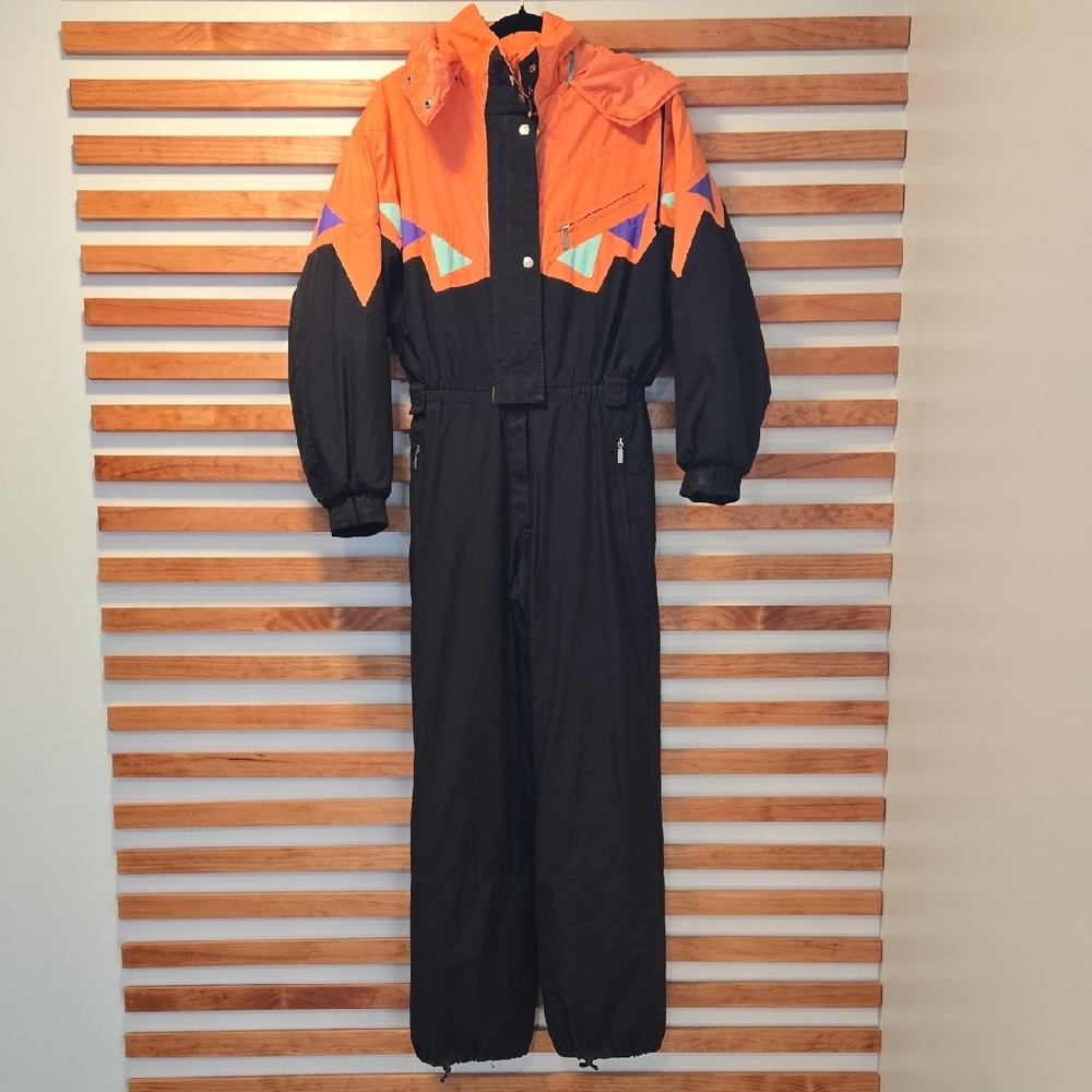 Vintage Killy France One Piece Ski Suit Neon Colorblock 80s/90s‎ Hooded Snowsuit